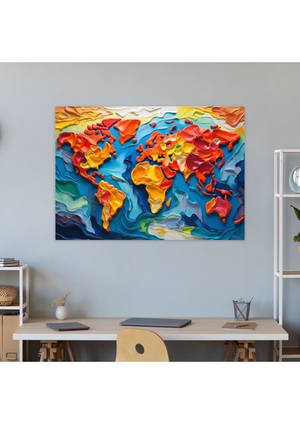 Çağdaş Dünya Haritası Duvar Tablosu - Dünya Haritası, Ev Dekorasyonu, Duvar Dekorasyonu, Kanvas Tablo, 50X30 fiyatları
