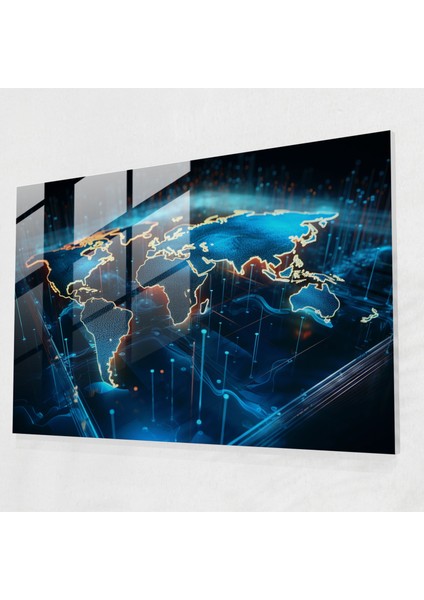 Neon Dünya Haritası Cam Baskı - Dünya Haritası 2, Neon Renkler, Holografik Efekt, Modern Sanat, 45X30