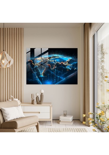 Neon Dünya Haritası Cam Baskı - Dünya Haritası 2, Neon Renkler, Holografik Efekt, Modern Sanat, 45X30 fiyatları