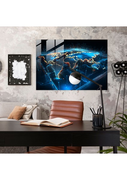Neon Dünya Haritası Cam Baskı - Dünya Haritası 2, Neon Renkler, Holografik Efekt, Modern Sanat, 45X30 modelleri