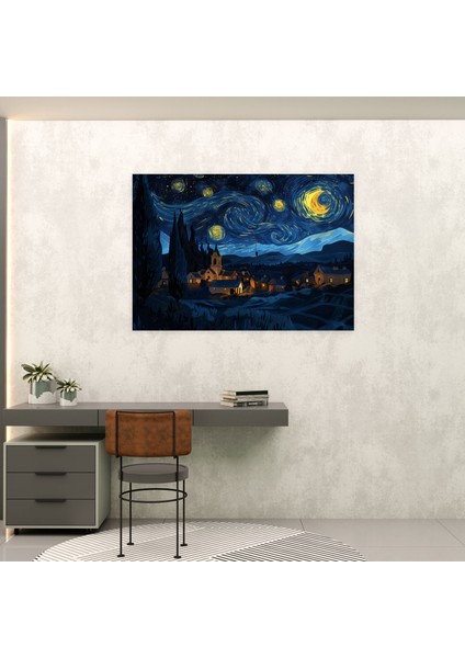 Vincent Van Gogh Yıldızlı Gece Köyü Kanvas Tablo - Vincent Van Gogh, Vincent Van Gogh, Ev Dekorasyonu, Kanvas Tablo, 100X70 modelleri