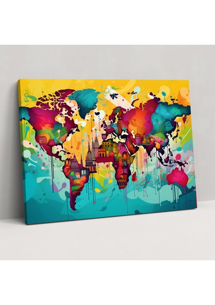Pop Art Dünya Haritası Kanvas Tablo - Dünya Haritası, Grafik Öğeleri, Canlı, Pop Art Illüstrasyon, 50X30