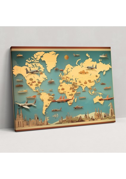 Retro Dünya Haritası Duvar Tablosu - Dünya Haritası, Duvar Dekorasyonu, Kanvas Tablo, Kanvas Tablo, 50X30