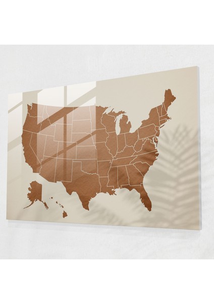 Amerika Haritası Cam Baskı - Minimalist Tasarım - Amerika Birleşik Devletleri Haritası, Cam Duvar Sanatı, Ince Tonlar, Şık, 45X30