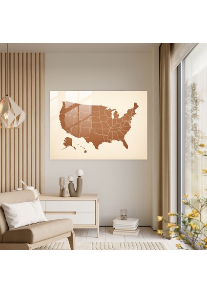 Amerika Haritası Cam Baskı - Minimalist Tasarım - Amerika Birleşik Devletleri Haritası, Cam Duvar Sanatı, Ince Tonlar, Şık, 45X30 modelleri