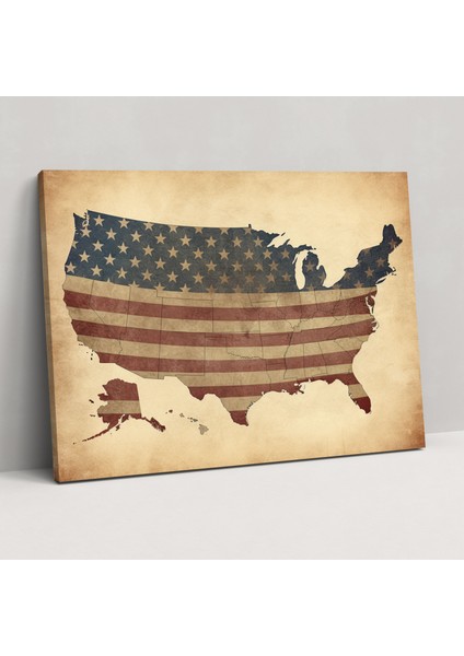 Vintage Amerika Birleşik Devletleri Haritası Kanvas Tablo - Amerika Birleşik Devletleri Haritası, Duvar Dekorasyonu, Eskitilmiş Doku, Kanvas Tablo, 70X50