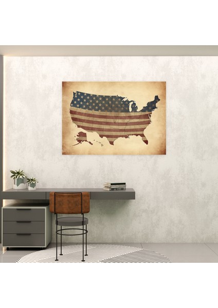 Vintage Amerika Birleşik Devletleri Haritası Kanvas Tablo - Amerika Birleşik Devletleri Haritası, Duvar Dekorasyonu, Eskitilmiş Doku, Kanvas Tablo, 70X50