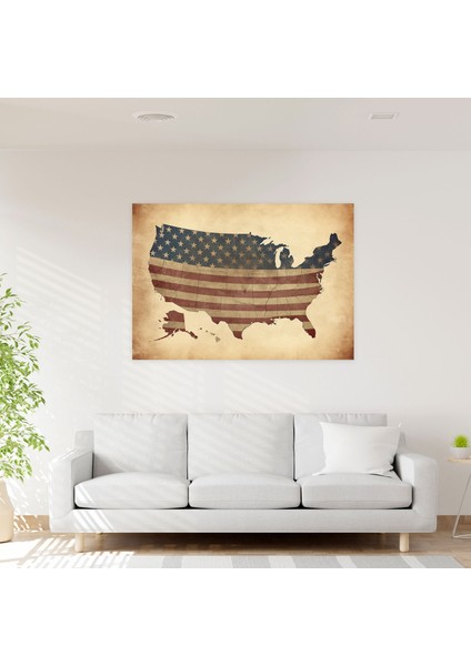 Vintage Amerika Birleşik Devletleri Haritası Kanvas Tablo - Amerika Birleşik Devletleri Haritası, Duvar Dekorasyonu, Eskitilmiş Doku, Kanvas Tablo, 70X50