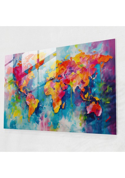 Dünya Haritası Cam Baskı - Dünya Haritası 2, Duvar Dekorasyonu, Etkileyici Fırça Darbeleri, Modern Sanat, 45X30