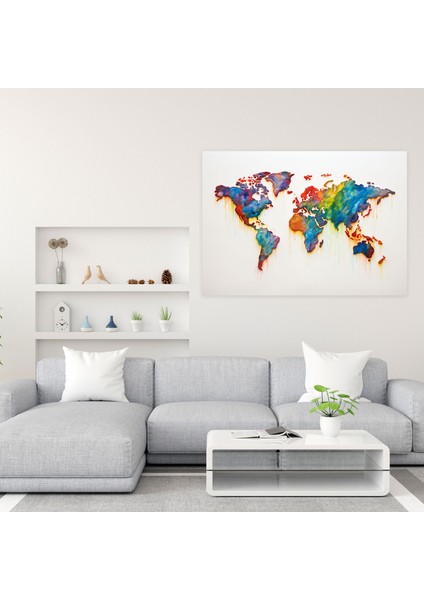 Suluboya Dünya Haritası Kanvas Tablo - Dünya Haritası, Dünya Haritası, Renkli Vuruşlar, Doğadan Esinlenen, 50X30 fiyatları