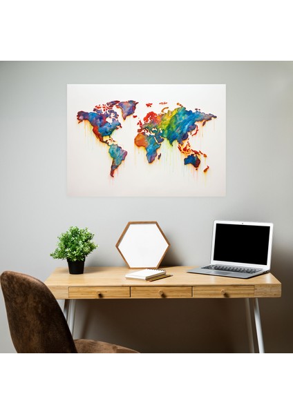 Suluboya Dünya Haritası Kanvas Tablo - Dünya Haritası, Dünya Haritası, Renkli Vuruşlar, Doğadan Esinlenen, 50X30 modelleri