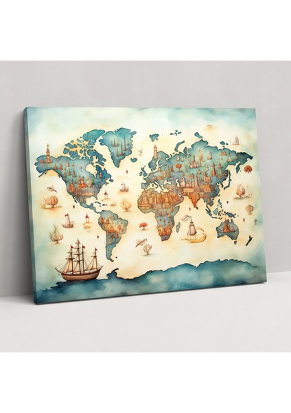 Kaprisli Dünya Haritası Kanvas Tablo - Dünya Haritası, Duvar Sanatı, Kanvas Tablo, Duvar Dekorasyonu, 50X30