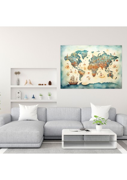 Kaprisli Dünya Haritası Kanvas Tablo - Dünya Haritası, Duvar Sanatı, Kanvas Tablo, Duvar Dekorasyonu, 50X30 fiyatları