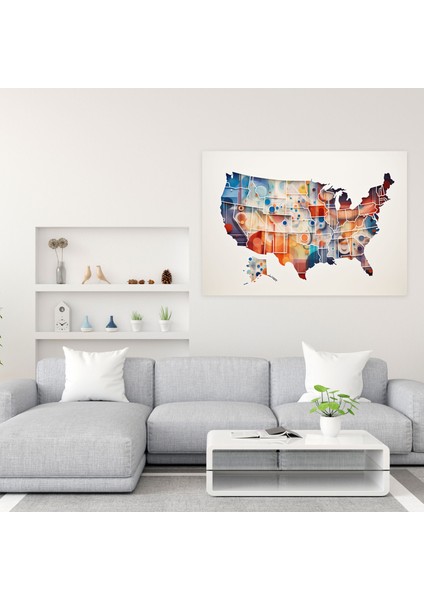 Amerika Birleşik Devletleri Haritası Duvar Sanatı - Amerika Birleşik Devletleri Haritası, Modern Soyut Sanat, Kanvas, Geometrik Şekiller, 50X30 modelleri