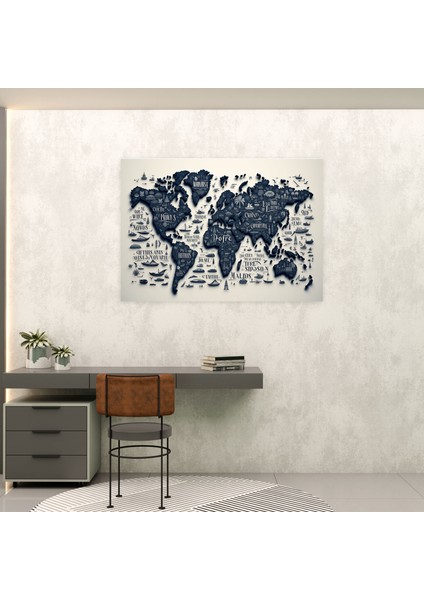 Tipografi Dünya Haritası Duvar Dekorasyonu - Dünya Haritası, Motivasyonel, Keşif, Ilham Verici Sözler, 50X30 modelleri