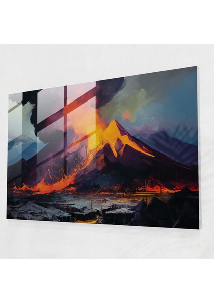 Etkileyici Volkan Cam Duvar Sanatı - Volkan, Kalın Fırça Darbeleri, Volkanik Manzara, Cam Sanatı, 45X30