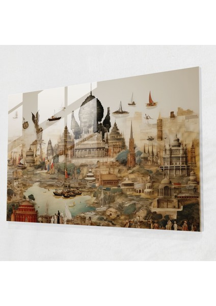 Dünya Haritası Ev Dekorasyonu - Dünya Haritası 2, Duvar Dekorasyonu, Simgesel Yapılar, Cam Duvar Sanatı, 45X30