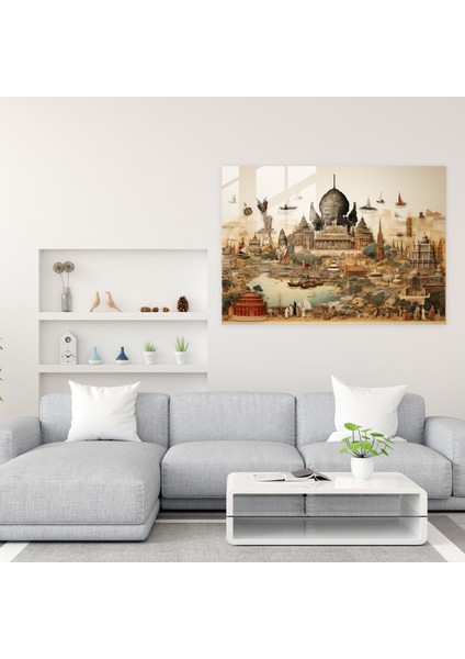 Dünya Haritası Ev Dekorasyonu - Dünya Haritası 2, Duvar Dekorasyonu, Simgesel Yapılar, Cam Duvar Sanatı, 45X30 modelleri