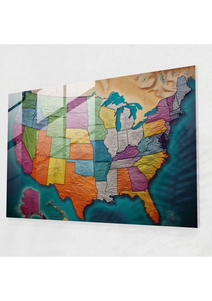 Fotogerçekçi Amerika Birleşik Devletleri Haritası Cam Baskı - Amerika Birleşik Devletleri Haritası, Fotogerçekçi, Duvar Dekorasyonu, Modern Sanat, 45X30