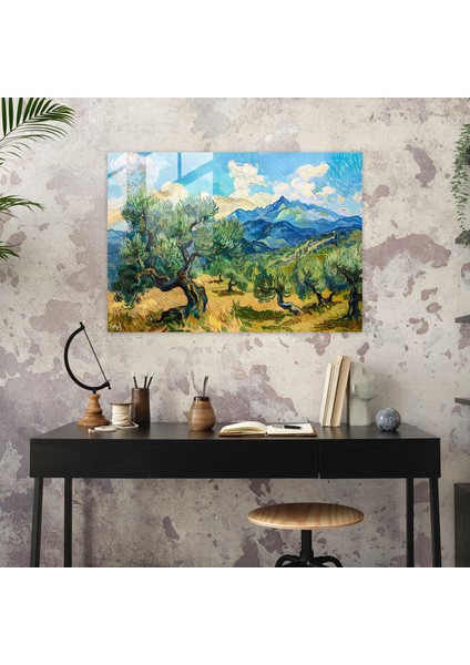 Vincent Van Gogh Cam Baskı: Dağlarda Zeytin Ağaçları Cam Duvar Tablosu - Vincent Van Gogh, Cam Sanatı, Cam Baskı, Vincent Van Gogh, 45X30