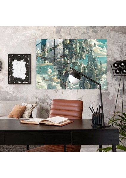 Gerçeküstü Şehir Manzaraları Cam Duvar Sanatı - Gerçeküstücülük Sanatı, Imkansız Mimari, Ev Dekorasyonu, Gerçeküstü Şehir Manzaraları, 45X30