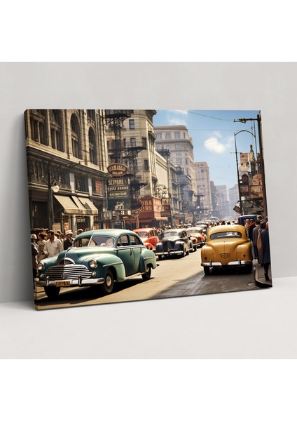 Seyahat Duvar Sanatı Dekoru - Retro Şehir Caddesi Kanvas - Seyahat, Seyahat, Retro Fotoğraf, Eski Model Arabalar, 50X30