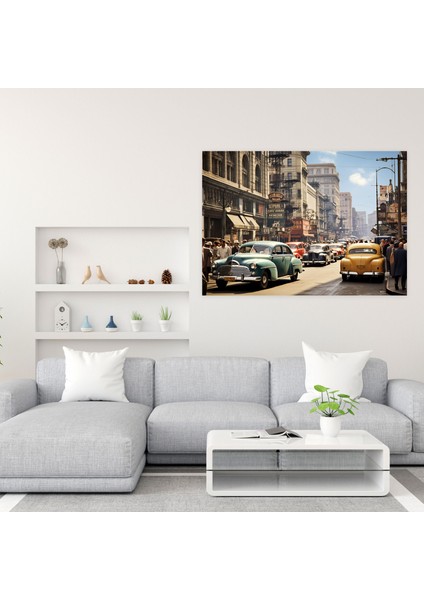 Seyahat Duvar Sanatı Dekoru - Retro Şehir Caddesi Kanvas - Seyahat, Seyahat, Retro Fotoğraf, Eski Model Arabalar, 50X30 fiyatları