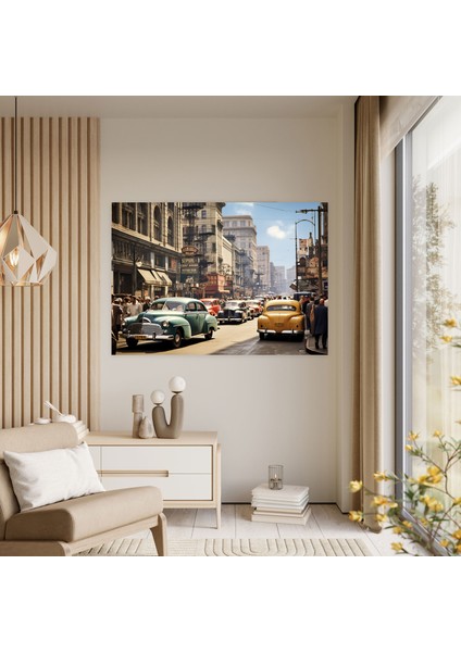 Seyahat Duvar Sanatı Dekoru - Retro Şehir Caddesi Kanvas - Seyahat, Seyahat, Retro Fotoğraf, Eski Model Arabalar, 50X30 modelleri