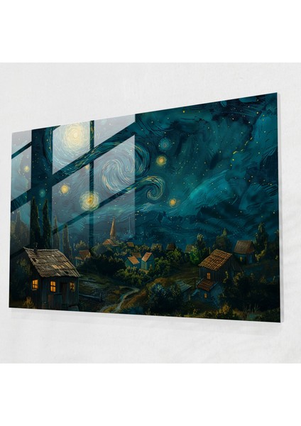 Vincent Van Gogh Cam Duvar Sanatı - Yıldızlı Gece Köyü - Vincent Van Gogh, Modern Sanat, Duvar Dekorasyonu, Cam Sanatı, 45X30