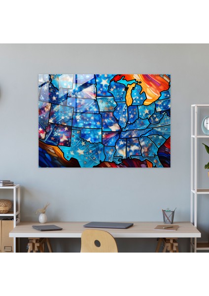 Amerika Haritası Cam Duvar Dekorasyonu - Amerika Birleşik Devletleri Haritası, Soyut Vitray, Modern Sanat, Duvar Dekorasyonu, 45X30 modelleri