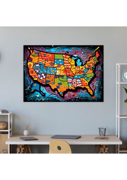 Pop Art Amerika Birleşik Devletleri Haritası Duvar Sanatı - Amerika Birleşik Devletleri Haritası, Canlı Renkler, Duvar Sanatı, Ev Dekorasyonu, 50X30 modelleri