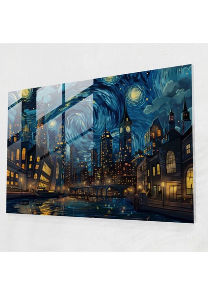 Vincent Van Gogh Cam Baskı: Yıldızlı Gece Şehir Manzarası - Vincent Van Gogh, Duvar Dekorasyonu, Ev Dekorasyonu, Cam Duvar Sanatı, 45X30