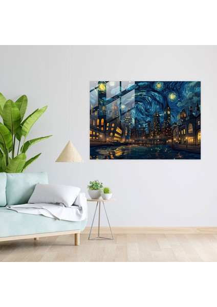 Vincent Van Gogh Cam Baskı: Yıldızlı Gece Şehir Manzarası - Vincent Van Gogh, Duvar Dekorasyonu, Ev Dekorasyonu, Cam Duvar Sanatı, 45X30 fiyatları