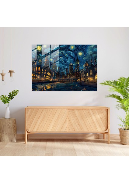 Vincent Van Gogh Cam Baskı: Yıldızlı Gece Şehir Manzarası - Vincent Van Gogh, Duvar Dekorasyonu, Ev Dekorasyonu, Cam Duvar Sanatı, 45X30 modelleri