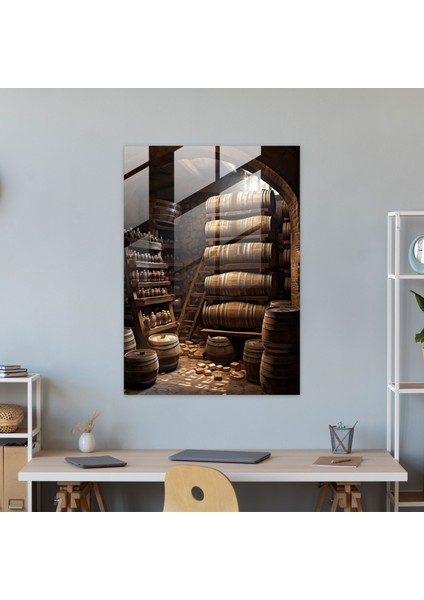 Şarap Mahzeni Cam Baskı - Şarap, Şarap, Cam Sanatı, Ahşap Fıçı, 30X45