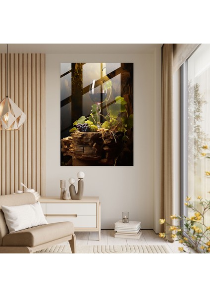 Şarap Kadehi Baskı - Rustik Asma Yaprakları - Cam Sanatı - Şarap, Ev Dekorasyonu, Cam Baskı, Modern Sanat, 30X45