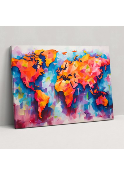 Dünya Haritası Duvar Tablosu - Dünya Haritası, Kanvas, Renkli Soyut, Duvar Süslemesi, 50X30