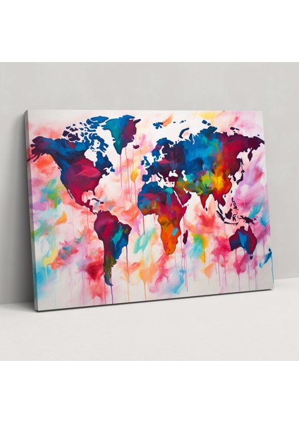 Renkli Dünya Haritası Duvar Tablosu - Dünya Haritası, Soyut, Canlı, Renkli, 50X30
