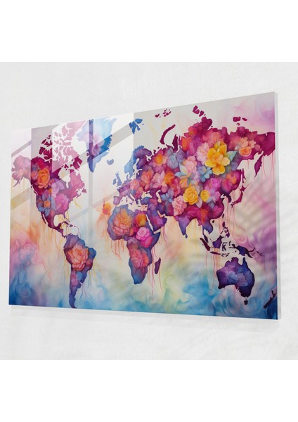 Dünya Haritası Cam Duvar Sanatı - Dünya Haritası 2, Ince Dokular, Modern Sanat, Canlı Tonlar, 45X30