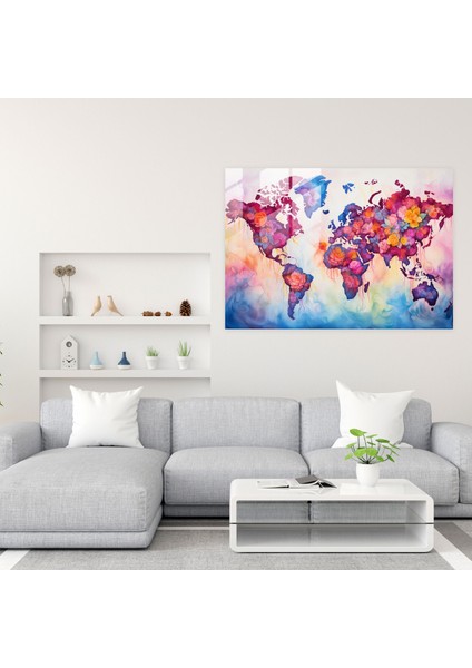 Dünya Haritası Cam Duvar Sanatı - Dünya Haritası 2, Ince Dokular, Modern Sanat, Canlı Tonlar, 45X30 fiyatları
