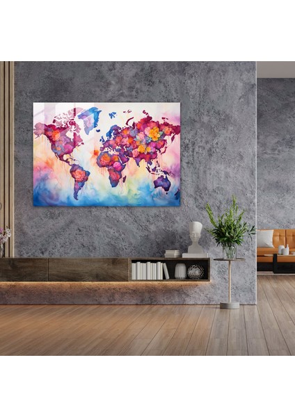 Dünya Haritası Cam Duvar Sanatı - Dünya Haritası 2, Ince Dokular, Modern Sanat, Canlı Tonlar, 45X30 modelleri
