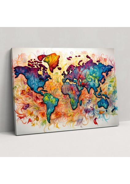 Dünya Haritası Suluboya Kanvas Tablo - Dünya Haritası, Ev Dekorasyonu, Duvar Sanatı, Duvar Dekorasyonu, 50X30