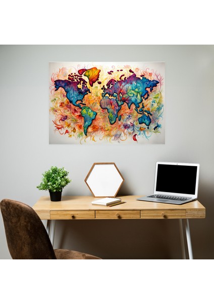 Dünya Haritası Suluboya Kanvas Tablo - Dünya Haritası, Ev Dekorasyonu, Duvar Sanatı, Duvar Dekorasyonu, 50X30 fiyatları