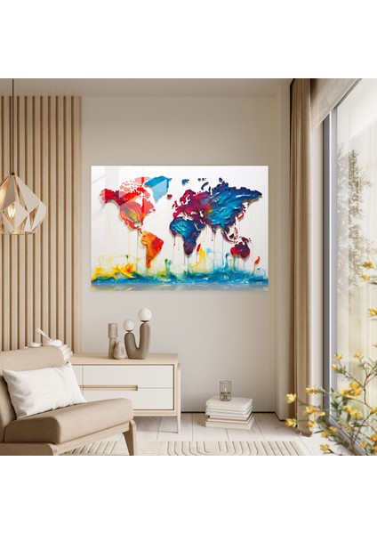 Pop Art Dünya Haritası Cam Baskı - Dünya Haritası 2, Cesur Renkler, Cam Sanatı, Pop Art, 45X30 modelleri