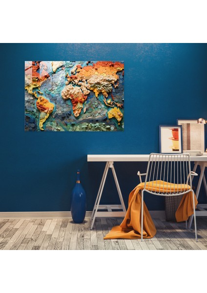 Dünya Haritası Cam Sanatı - Dünya Haritası 2, Cam Sanatı, Kolaj Sanatı, Modern Sanat, 45X30 fiyatları