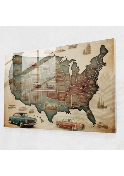 Vintage Amerika Birleşik Devletleri Haritası Cam Baskı - Amerika Birleşik Devletleri Haritası, Amerika Birleşik Devletleri Haritası, Modern Sanat, Klasik Dokunuş, 45X30