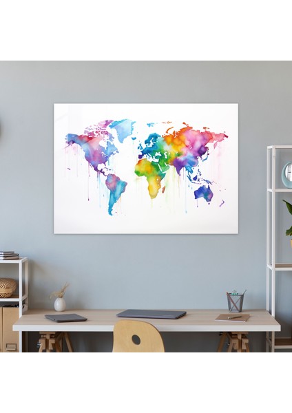 Dünya Haritası Cam Baskı - Suluboya Resim - Dünya Haritası 2, Suluboya Resim, Duvar Dekorasyonu, Dünya Haritası, 45X30 fiyatları