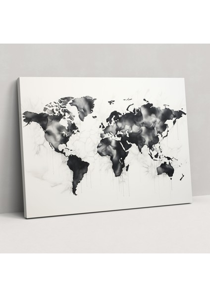 Siyah Beyaz Dünya Haritası Kanvas Tablo - Dünya Haritası, Duvar Dekorasyonu, Çağdaş, Duvar Sanatı, 50X30