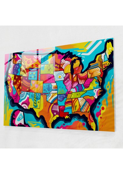 Pop Art Amerika Birleşik Devletleri Haritası Cam Baskı - Amerika Birleşik Devletleri Haritası, Modern Sanat, Canlı, Amerika Birleşik Devletleri Haritası, 45X30