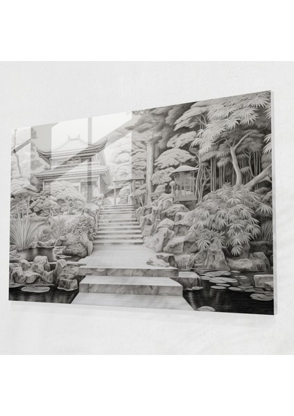 Zen Bahçesi Karakalem - Zen Bahçesi, Usta Işçilik, Titiz Detaylar, Cam Baskı, 45X30